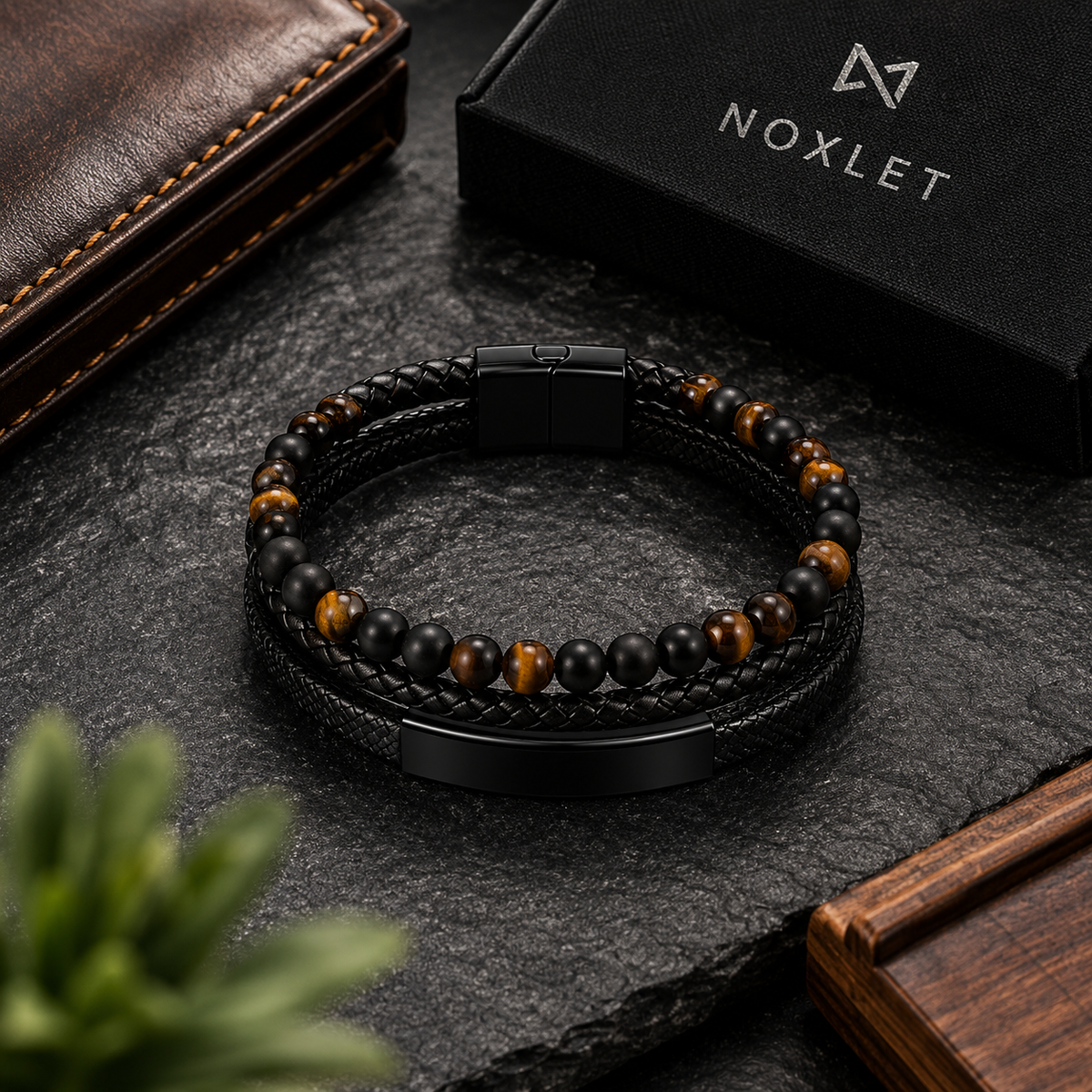 Men’s Black Leather & Beaded Bracelet
