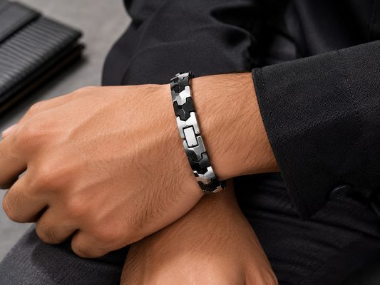 Men's Black & Silver Marble Stone Link Bracelet