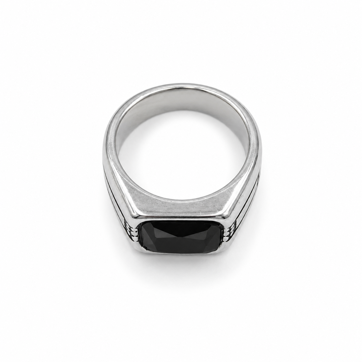 Silver Signet Ring with Black Stone – Stainless Steel Statement Ring
