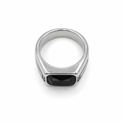 Silver Signet Ring with Black Stone – Stainless Steel Statement Ring