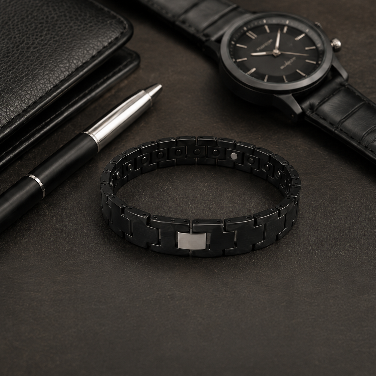 Men's Black Marble Stone Link Bracelet