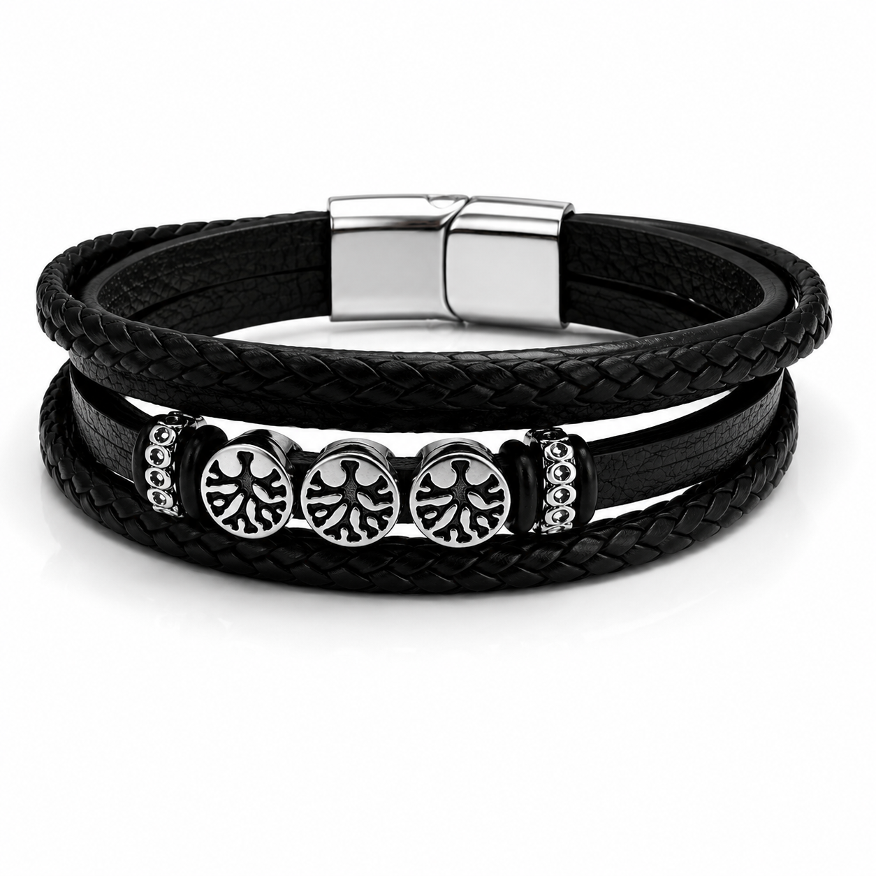 Men's Black Leather Tree of Life Bracelet with Stainless Steel Magnetic Clasp
