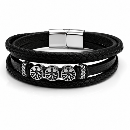 Men's Black Leather Tree of Life Bracelet with Stainless Steel Magnetic Clasp