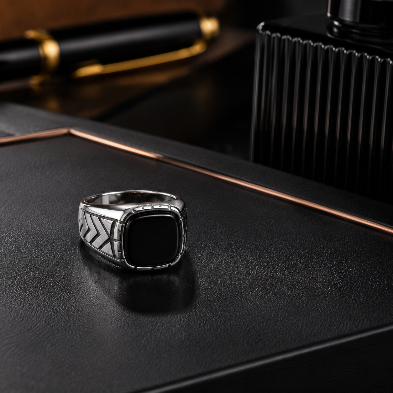 Men's Geometric Square Black Onyx Signet Ring – Silver Stainless Steel