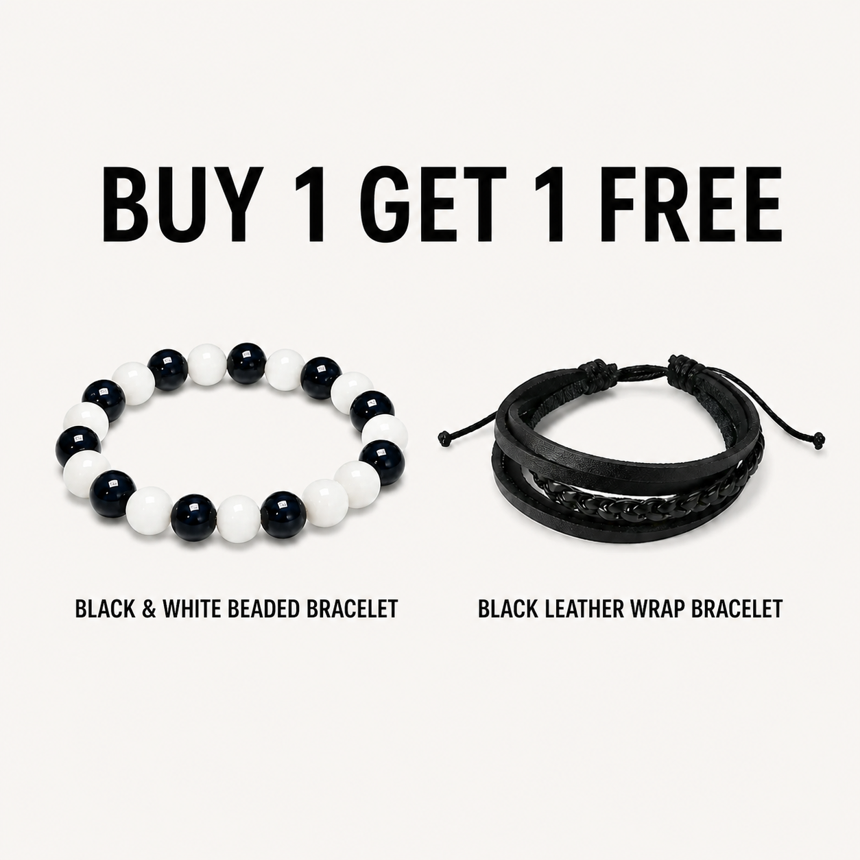 Black Braided Leather + Black and White Beaded Bracelet