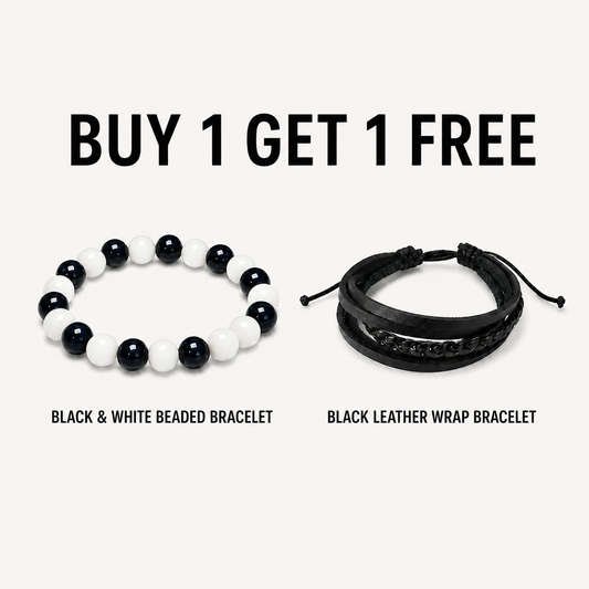 Black Braided Leather + Black and White Beaded Bracelet