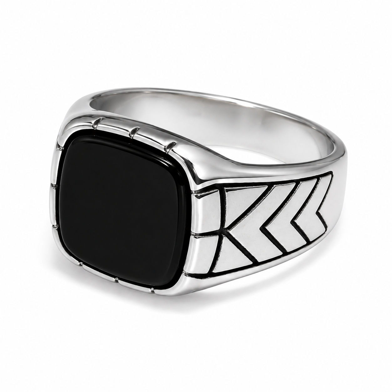 Close-up of polished stainless steel black onyx ring