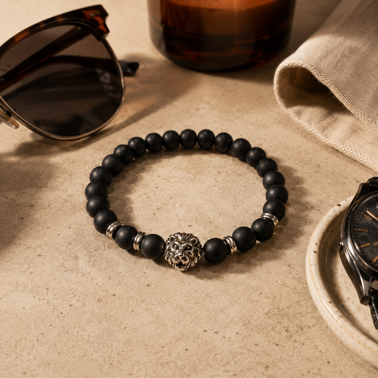 Black Beaded Lion Bracelet