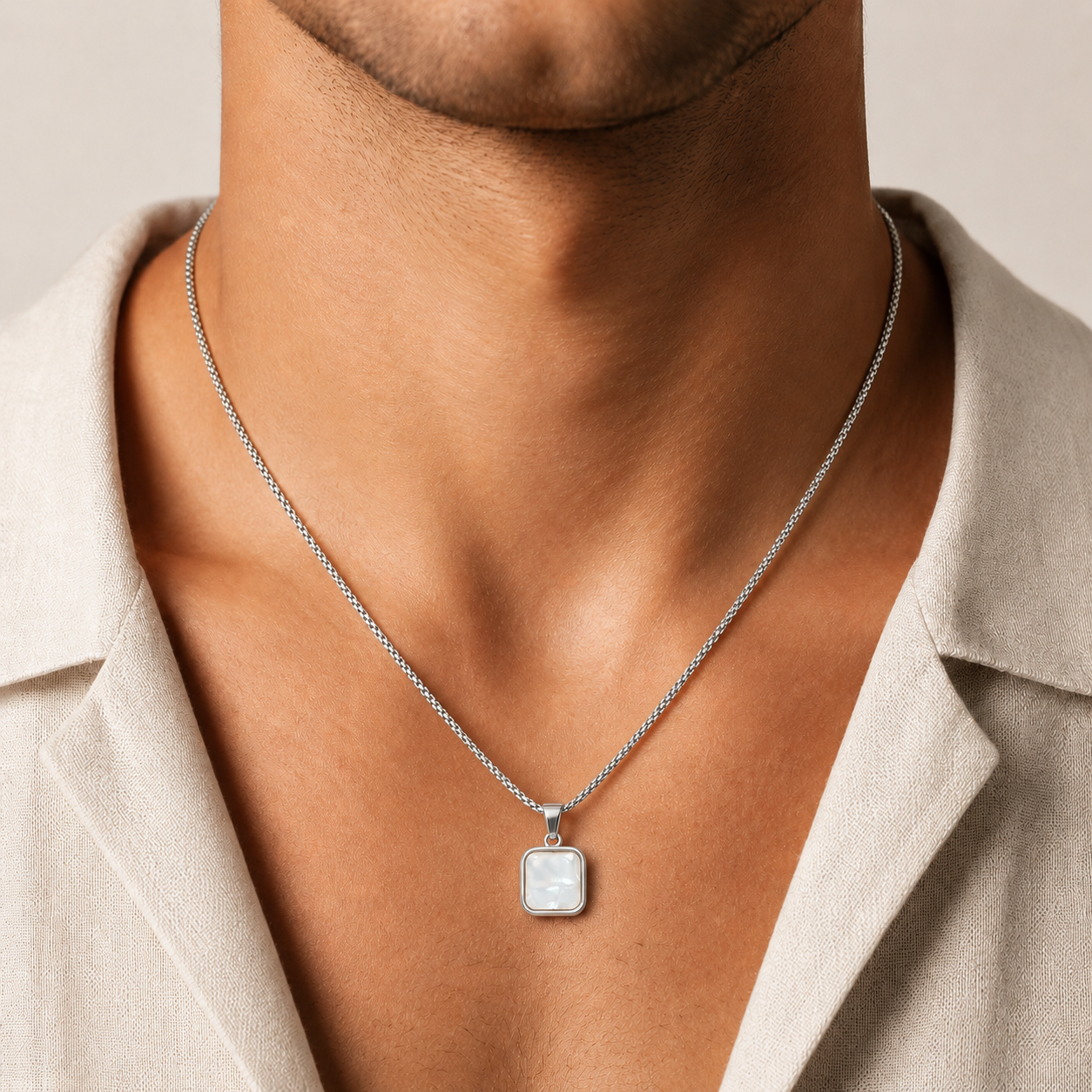 Stainless Steel Square Pearl Pendant Necklace