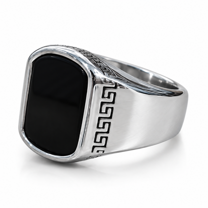 Men’s Silver Stainless Steel Signet Ring with Black Stone