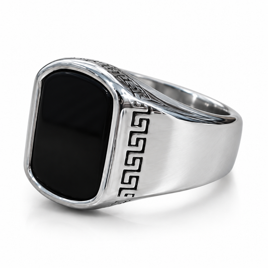 Men’s Silver Stainless Steel Signet Ring with Black Stone