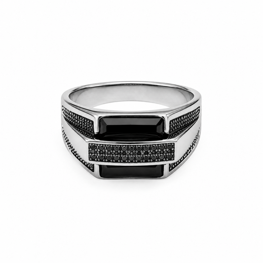 Men’s Black & Silver Geometric Signet Ring