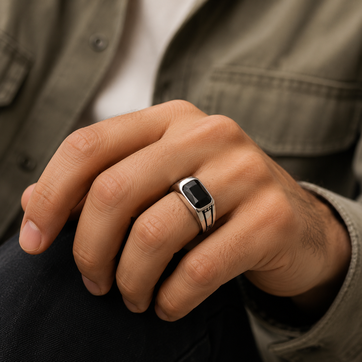 Silver Signet Ring with Black Stone – Stainless Steel Statement Ring