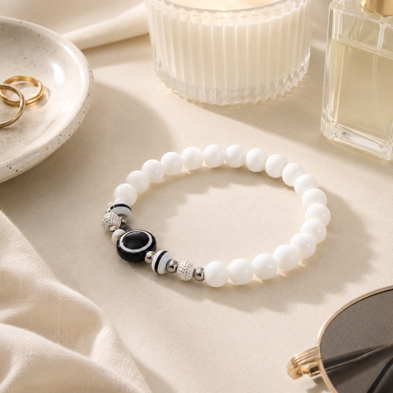 White Beaded Evil Eye Bracelet