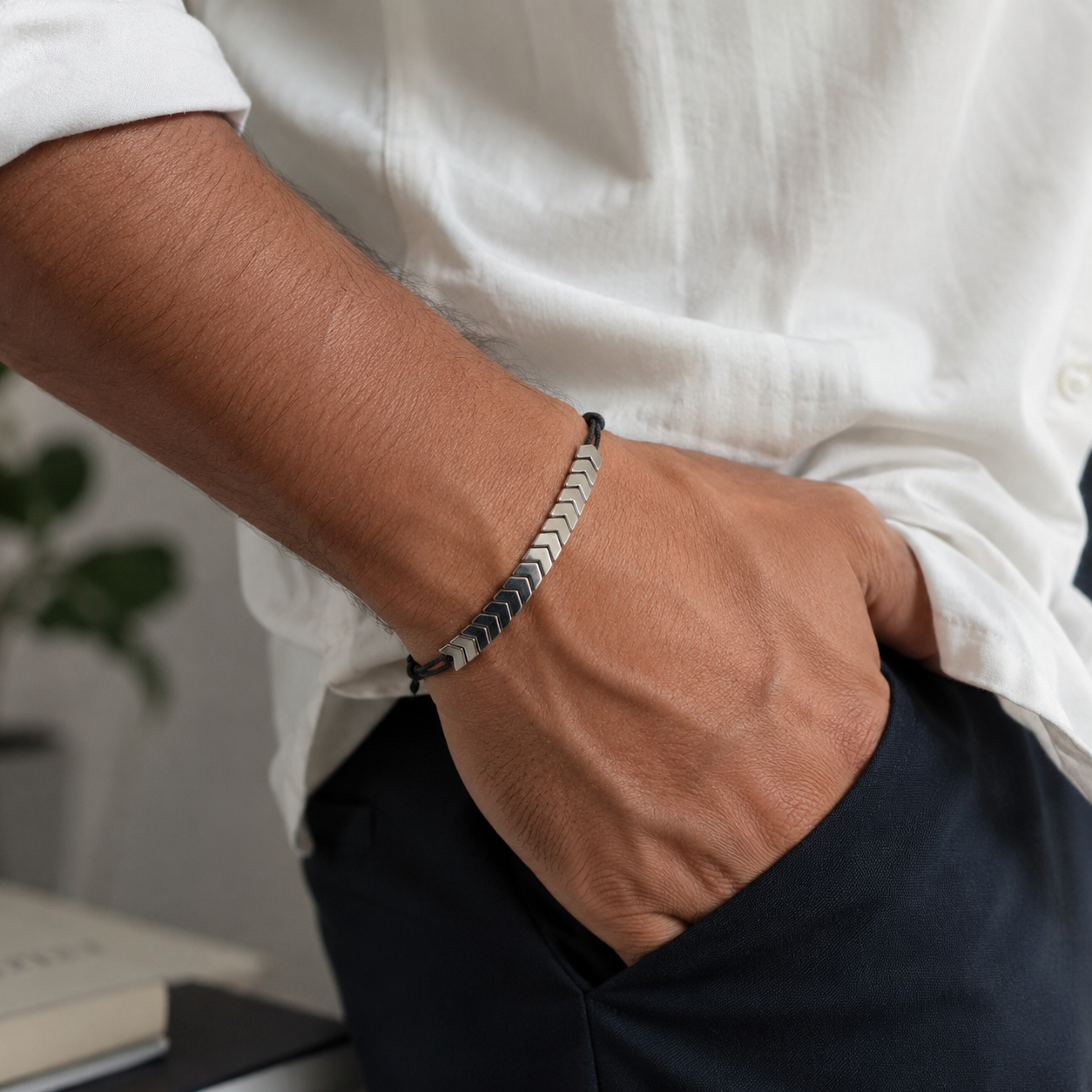 Silver Chevron Bracelet – Adjustable Stainless Steel Cord Bracelet
