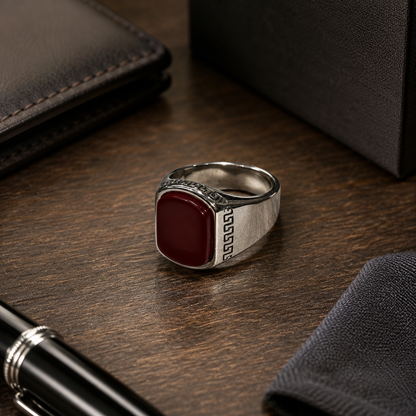 Noxlet Silver Stainless Steel Signet Ring with Maroon Stone