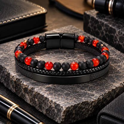 Men’s Black & Red Stone Braided Leather Bracelet