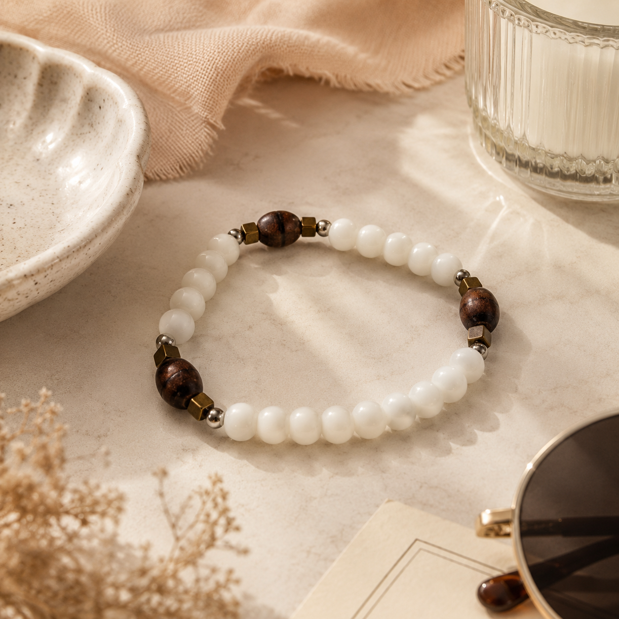 White Beaded Bracelet with Brown Wood Accents