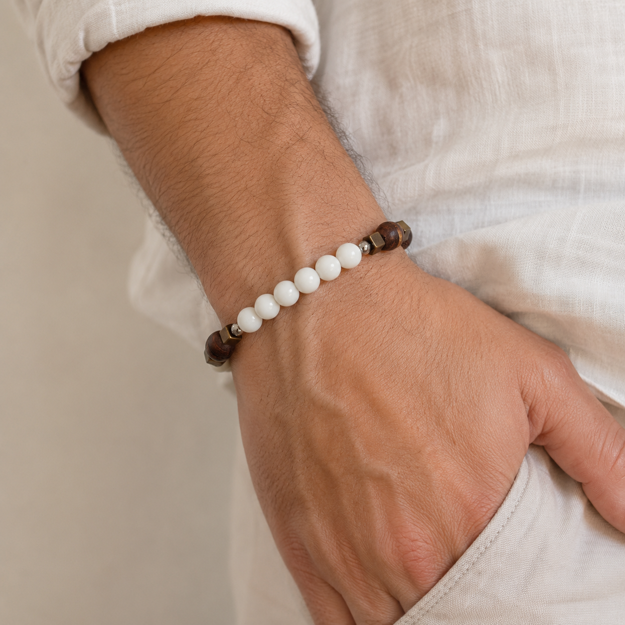 White Beaded Bracelet with Brown Wood Accents
