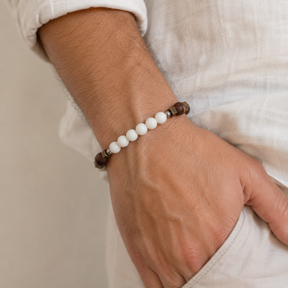 White Beaded Bracelet with Brown Wood Accents