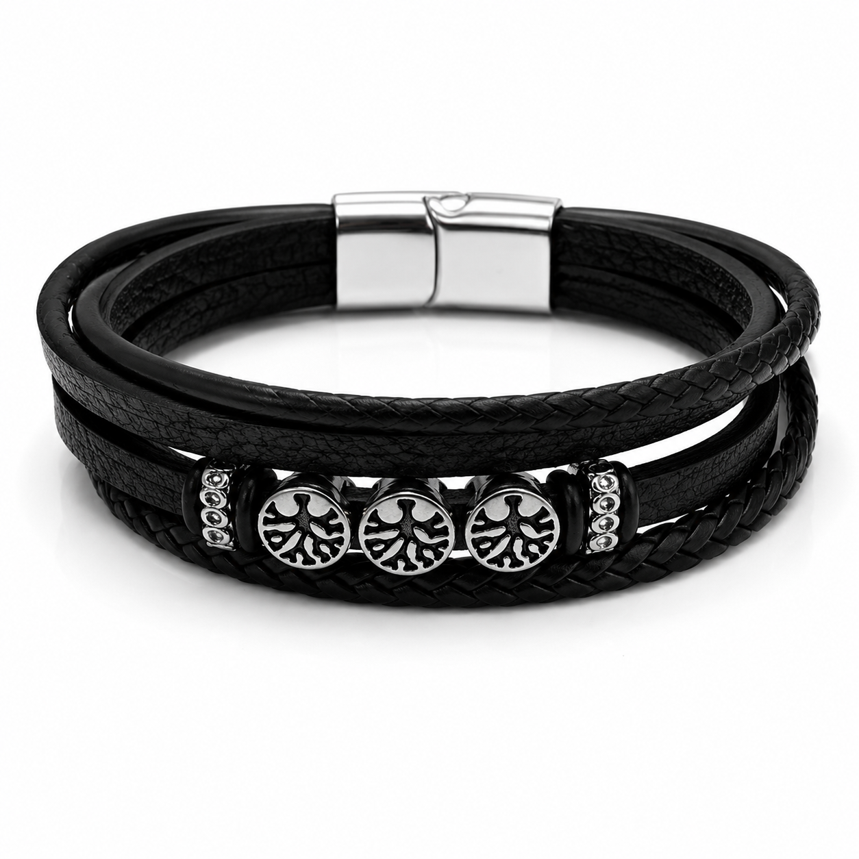 Men's Black Leather Tree of Life Bracelet with Stainless Steel Magnetic Clasp