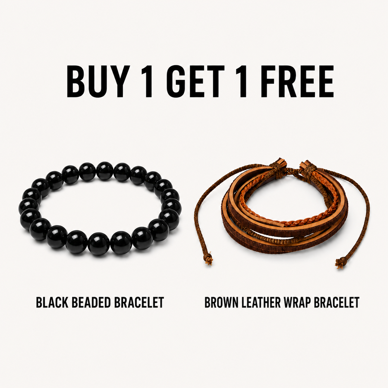 Brown Braided Leather + Black Beaded Bracelet