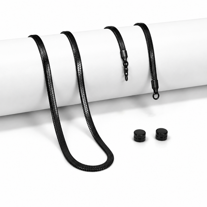 Men's Black Stainless Steel Bracelet, Necklace & Magnetic Ear Studs Set