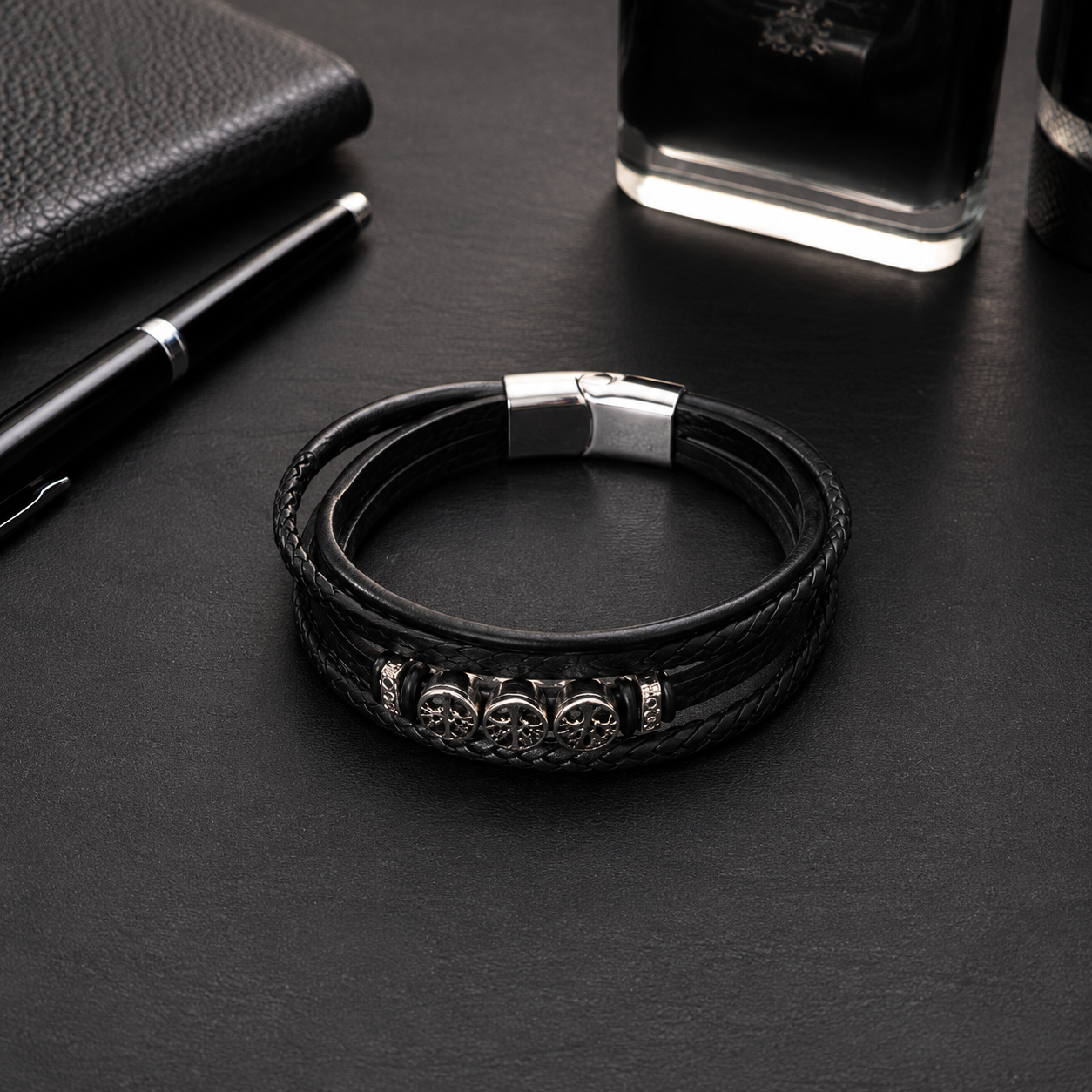 Men's Black Leather Tree of Life Bracelet with Stainless Steel Magnetic Clasp