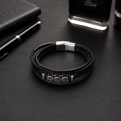 Men's Black Leather Tree of Life Bracelet with Stainless Steel Magnetic Clasp