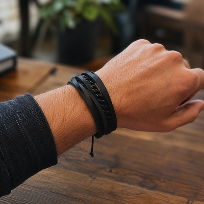 Black Braided Leather + Black and White Beaded Bracelet