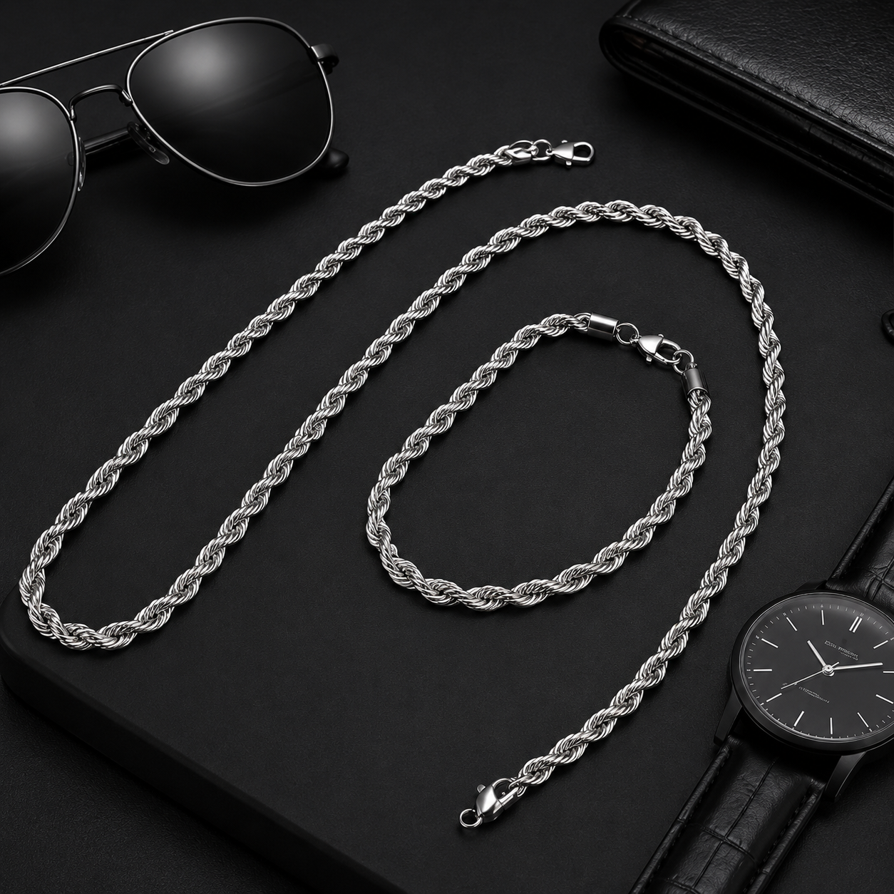 Men's Rope Chain Necklace & Bracelet Set – Silver Stainless Steel