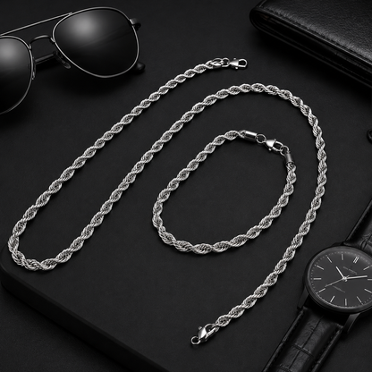 Men's Rope Chain Necklace & Bracelet Set – Silver Stainless Steel