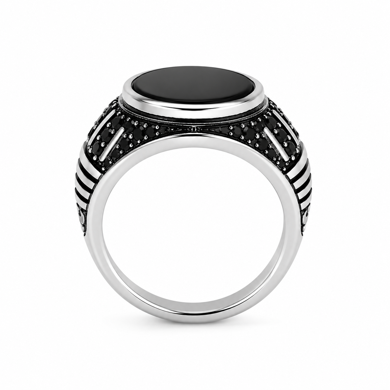 Men's Silver Black Stone Signet Ring – Stainless Steel Vintage Style