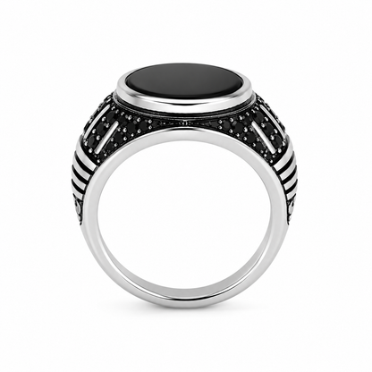 Men's Silver Black Stone Signet Ring – Stainless Steel Vintage Style