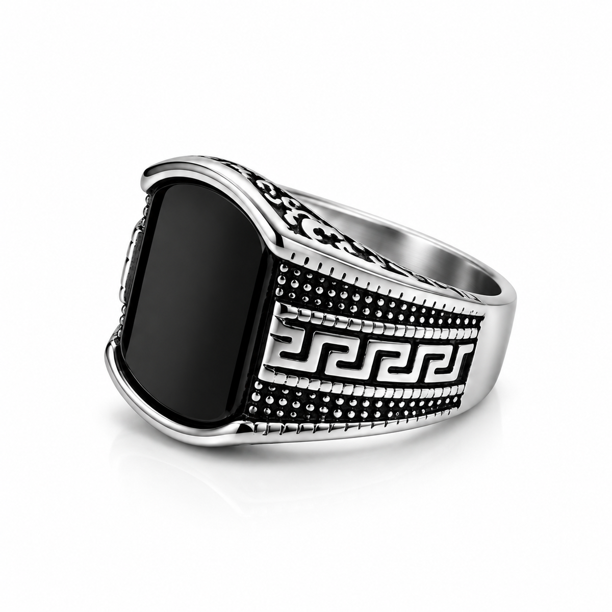 Men’s Black Stone Greek Key Signet Ring