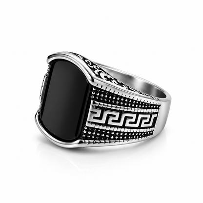 Men’s Black Stone Greek Key Signet Ring