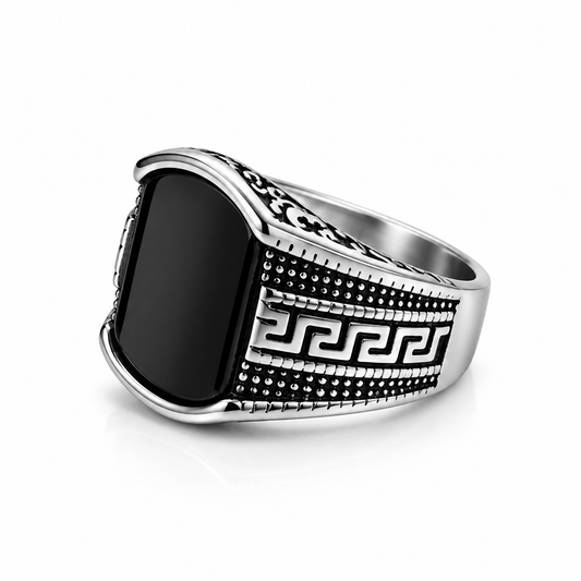 Men’s Black Stone Greek Key Signet Ring