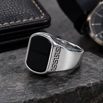 Men’s Silver Stainless Steel Signet Ring with Black Stone