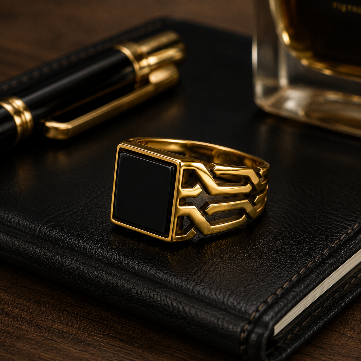 Men's Gold Stainless Steel Architectural Black Stone Ring