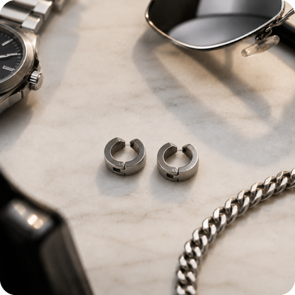 Men’s Silver Hoop Ear Studs – Stainless Steel Huggie Earrings