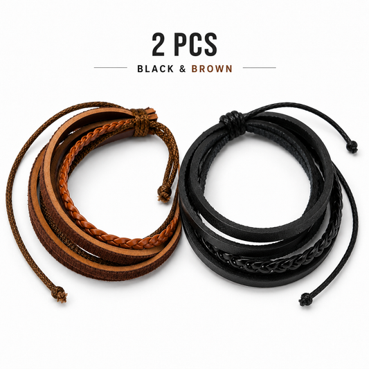 Braided Leather Bracelet Set | Black & Brown Adjustable Bracelets