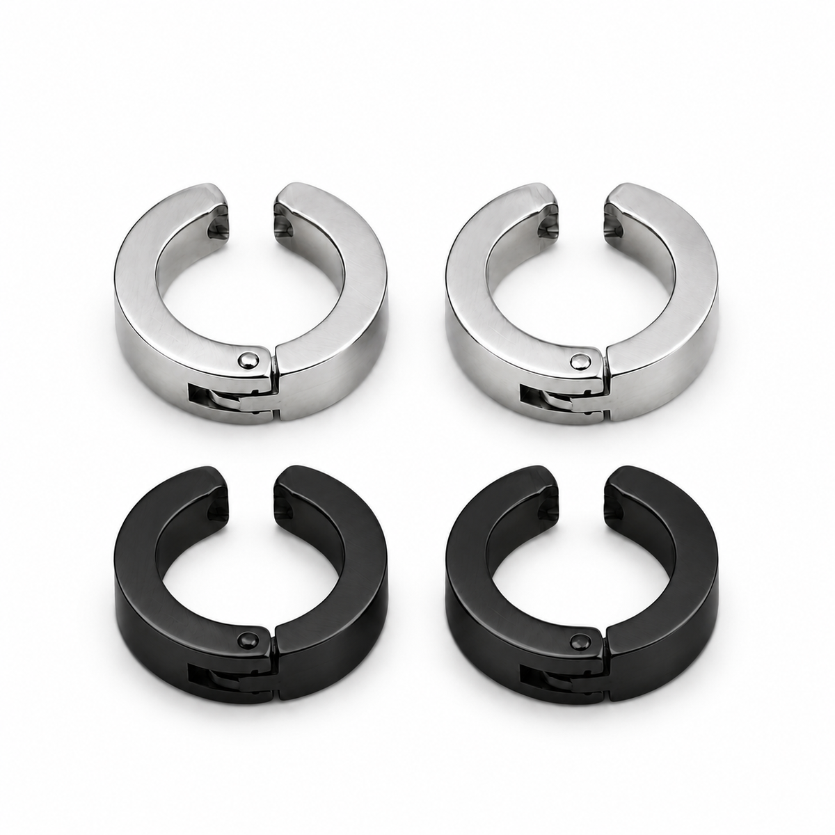 Men’s Silver & Black Non-Piercing Huggie Earrings Set