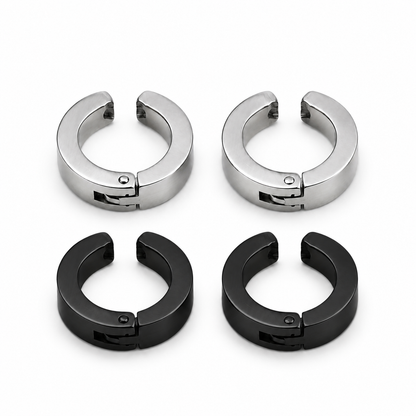 Men’s Silver & Black Non-Piercing Huggie Earrings Set