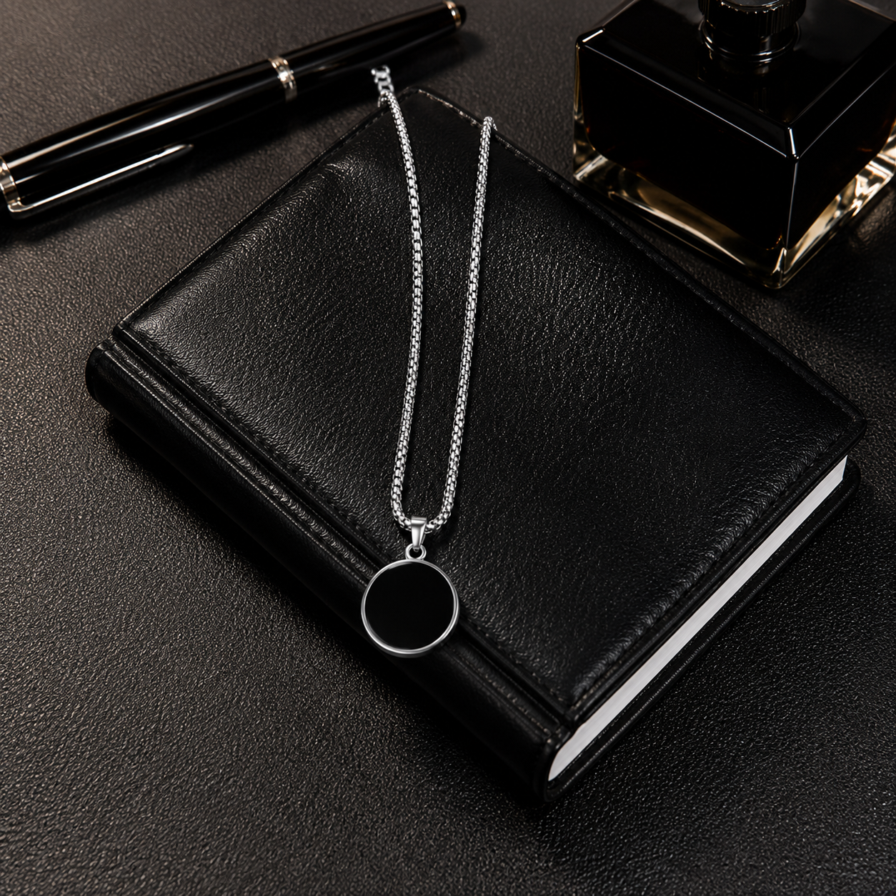 Men's Black Round Pendant Necklace
