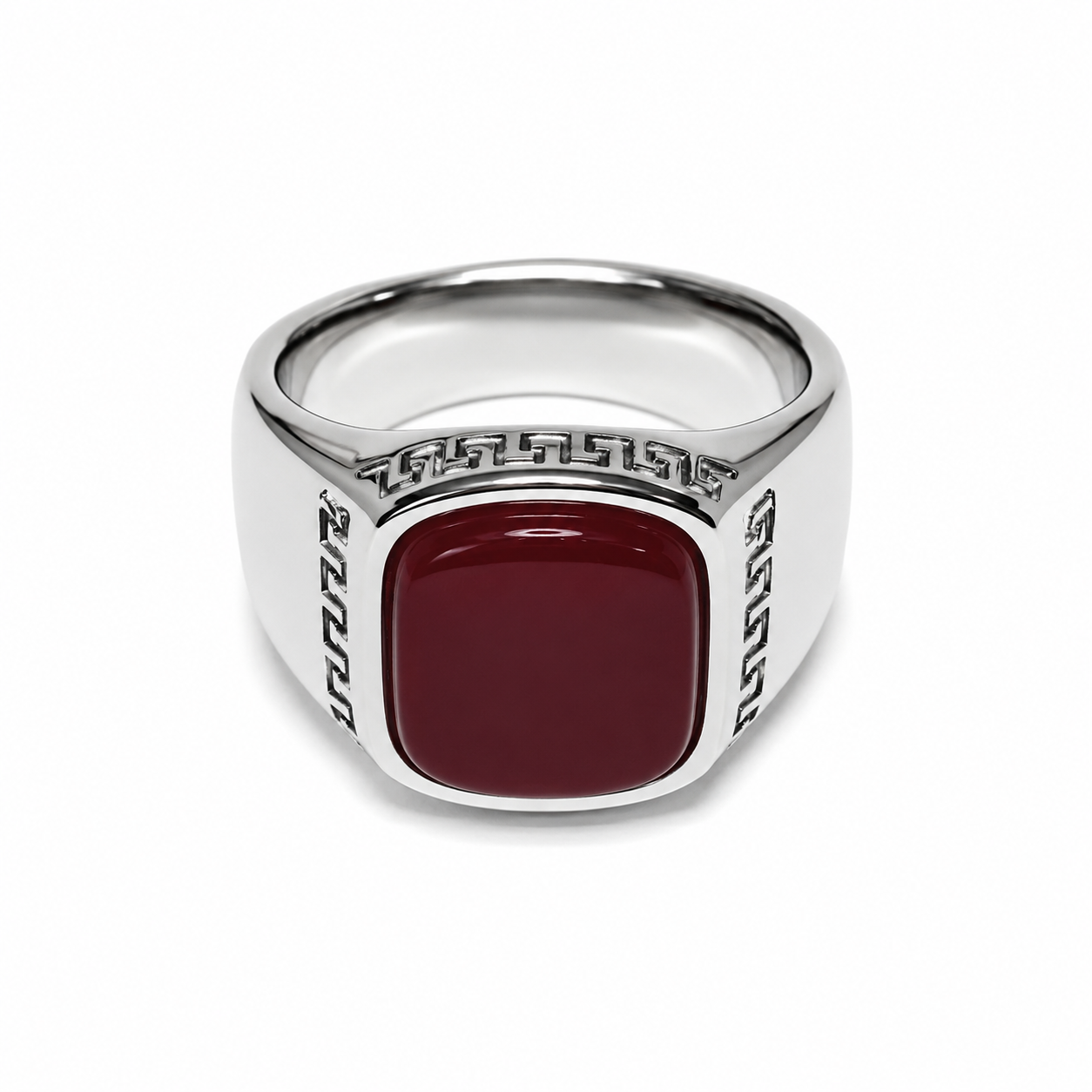 Noxlet Silver Stainless Steel Signet Ring with Maroon Stone