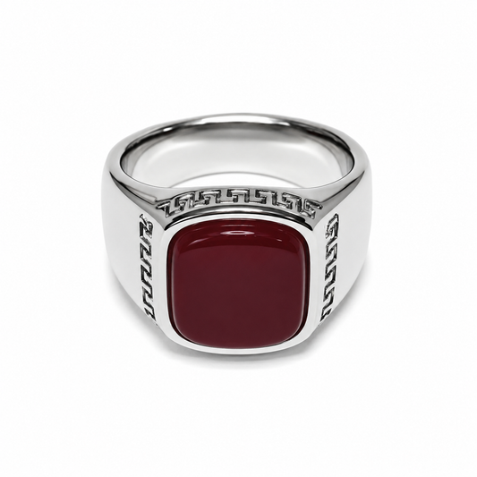 Noxlet Silver Stainless Steel Signet Ring with Maroon Stone