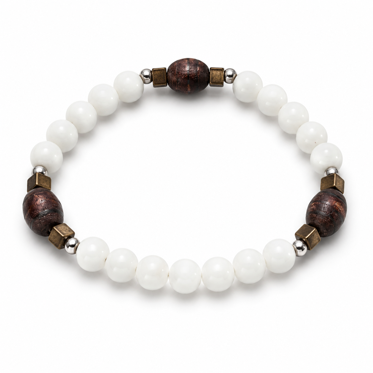 White Beaded Bracelet with Brown Wood Accents