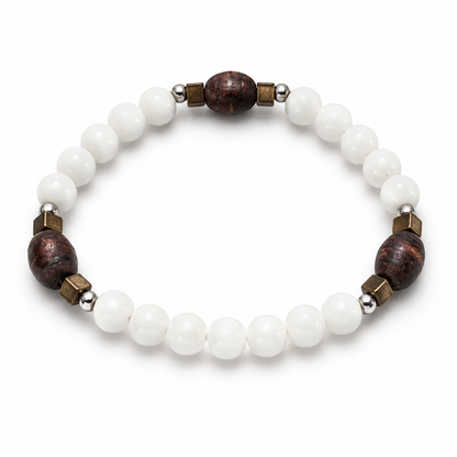 White Beaded Bracelet with Brown Wood Accents