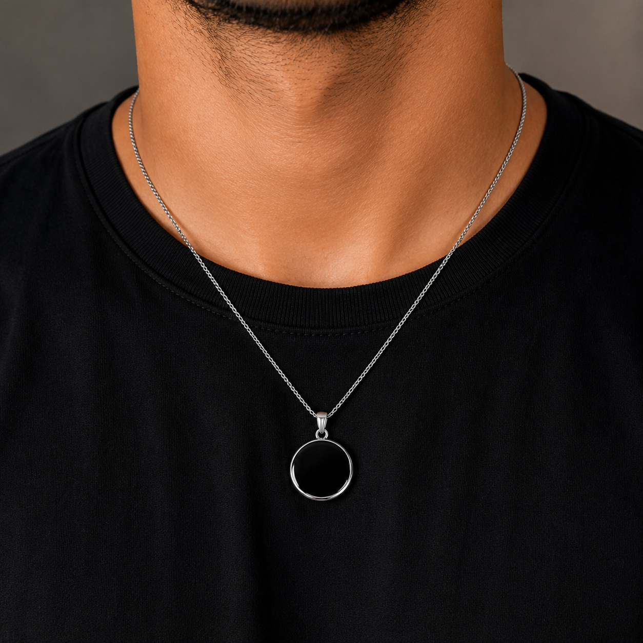 Men's Black Round Pendant Necklace