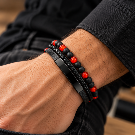 Men’s Black & Red Stone Braided Leather Bracelet